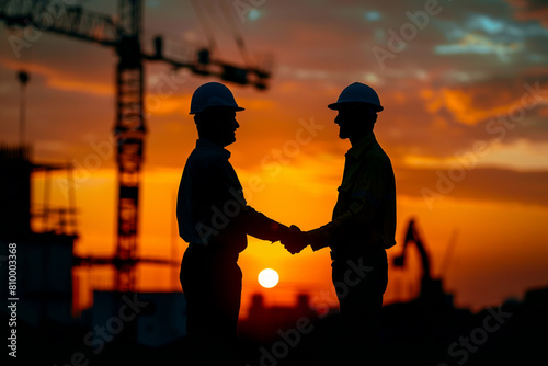 Silhouette of Engineer and foreman worker shaking hands at construction site during sunset 