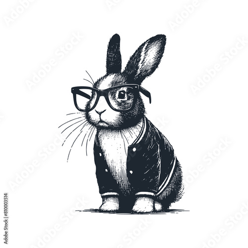 The rabbit wear eyeglass. Black white vector logo illustration. 