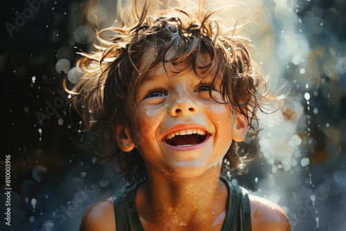 generated illustration joyful child  playing with water outdoors,laughing and excited. © seanzheng