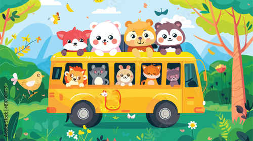 Happy animals riding shool bus going to school Vector