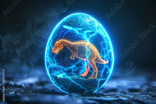 Simplistic artistic rendition of hatched egg with neon dinosaur silhouette 