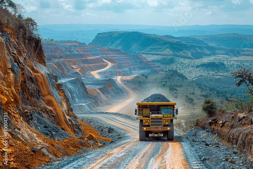 A large mining truck travels down a winding road in a multicolored quarry under a blue sky, emphasizing industry and natural resources