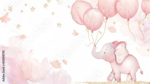 Cute baby elephant playing with balloon, watercolor illustration with pink background