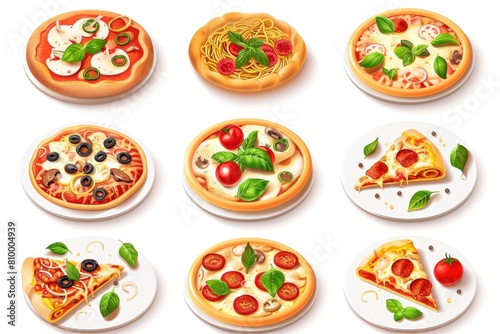Various types of pizza on plates, perfect for food concepts
