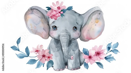 Pink watercolor elephant illustration decorated with flowers in soft pastel tones, perfect for nursery decor, greeting cards, and whimsical children’s art prints. AI generated illustration.
