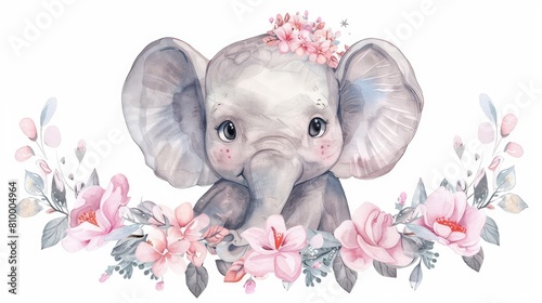 Pink watercolor elephant illustration decorated with flowers in soft pastel tones, perfect for nursery decor, greeting cards, and whimsical children’s art prints. AI generated illustration.