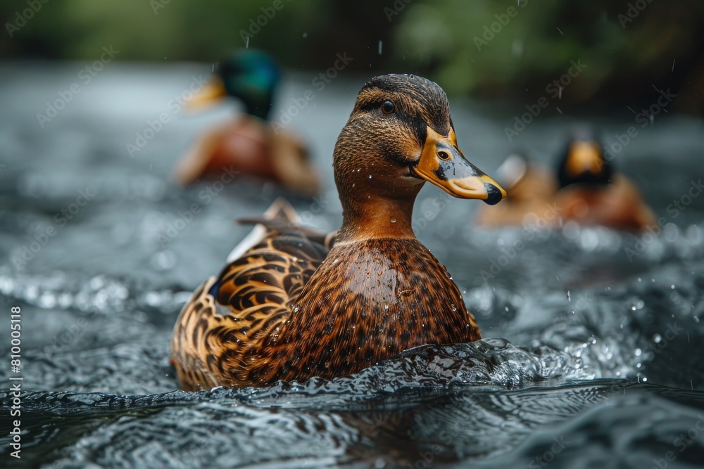 Fototapeta premium Striking close-up of a duck with water droplets highlighting the intricate feather patterns amidst a rain-soaked background