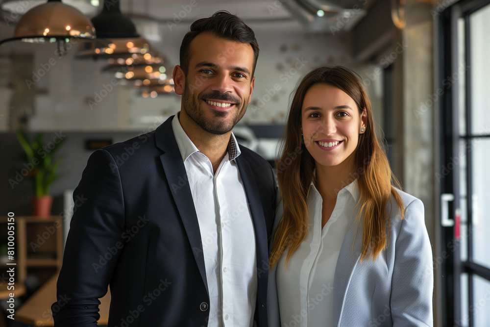Business couple, man and woman, presenting with smiles in their office, focused on the camera with an expression of trust and common goal, promoting a professional relationship in business.