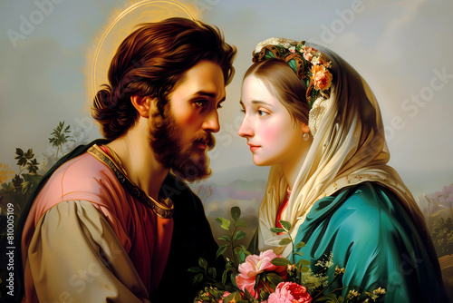 Jesus Christ of Nazareth and Mary Magdalene or Magdala on an oil painting, faith and belief, christianity, holy bible illustration, messiah
