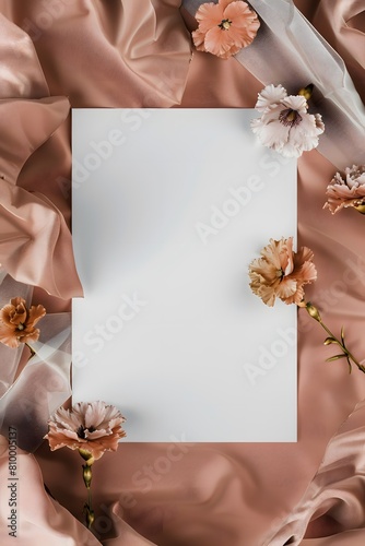 Elegant greeting card invitation isolated empty space adorned with fabric and flower decoration