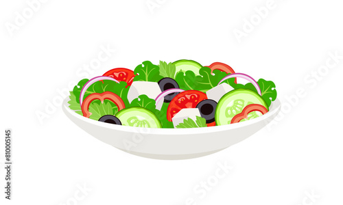 Fresh vegetable salad with cheese. Greek salad in plate. Vector cartoon flat illustration of healthy food.