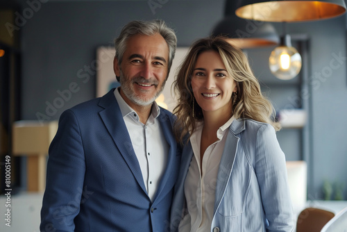 Business couple, man and woman, presenting with smiles in their office, focused on the camera with an expression of trust and common goal, promoting a professional relationship in business. photo