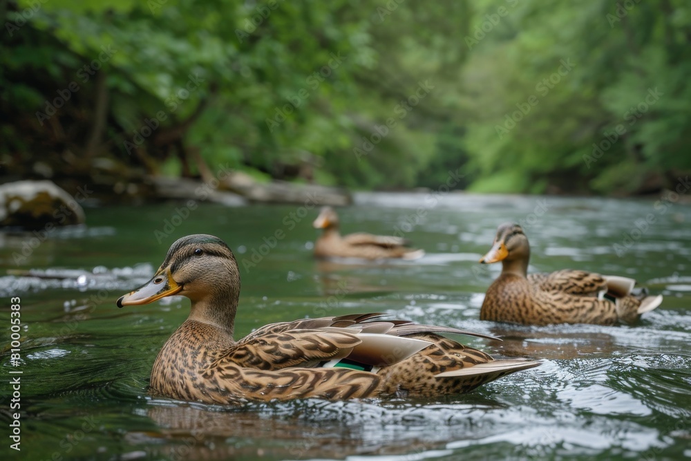 Ducks calmly float on a peaceful river with lush green forest surroundings Ducks calmly float on a peaceful river with lush green forest surroundings