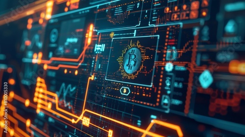 A vibrant and detailed graphic representation of Bitcoins relationship with digital technology and finance.