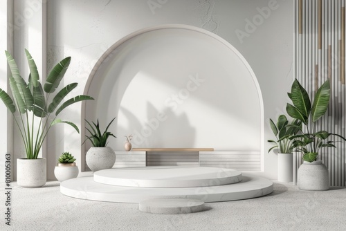 A minimalist white room with a round table and potted plants, suitable for interior design concepts photo