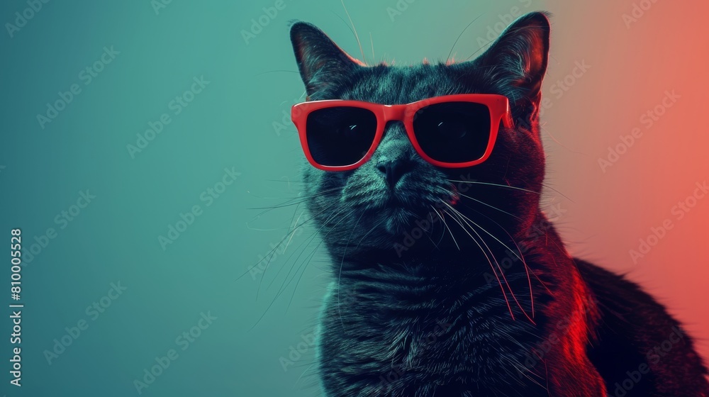 Fototapeta premium Stylish cat wearing red sunglasses against a dual-tone background
