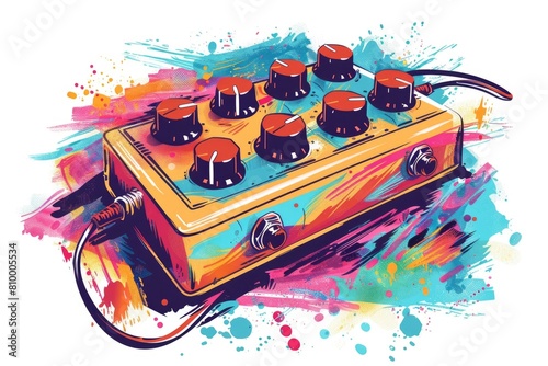 A multicolored electric guitar pedal on a white surface. Perfect for music equipment concepts photo