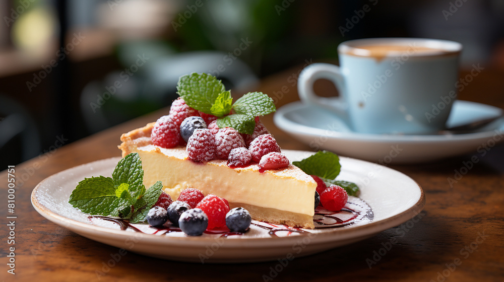Bakewell tart slice with fresh berries and mint leaves plated on a vintage plate. Mid-angle Shot. Bakewell tart slice with fresh berries and mint leaves plated on a vintage plate. Mid-angle Shot.