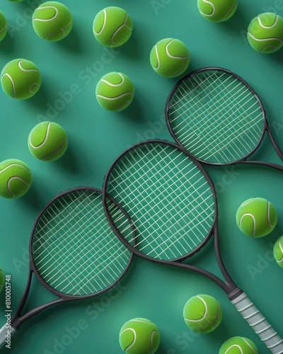 A dynamic tennisthemed wallpaper featuring a 3D render of tennis balls and rackets in motion, set against a courtgreen background with a prominent blank mockup area photo