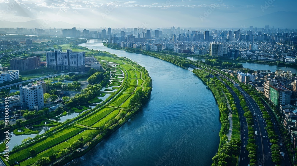 Green arrows sprouting alongside a river winding through a bustling city, signifying fluid market expansion