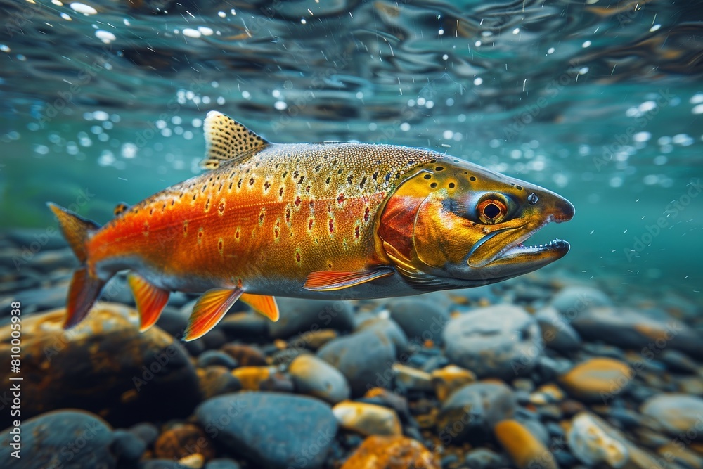 A resplendent brown trout captured with a captivating underwater reflection making a surreal image