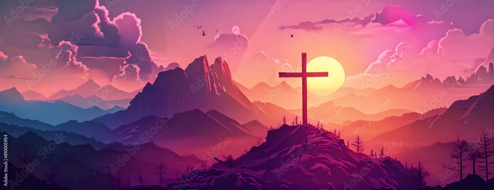 Cross and Crown of thorns on the mountain with sunset. Good friday ...