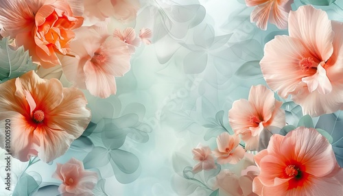 An ethereal garden of peach hibiscus flowers. The soft light enhances the delicate petals, creating a sense of serenity.