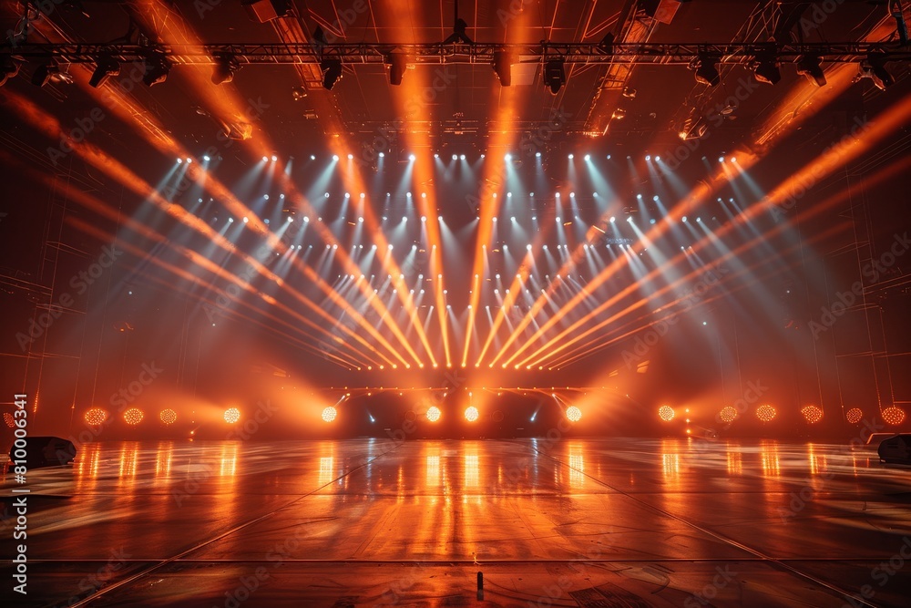 An empty stage with dramatic orange lighting set for an upcoming live concert event