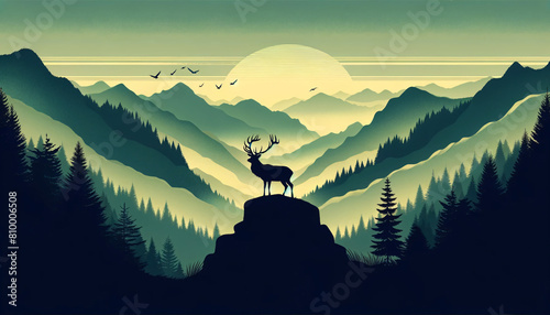 A silhouette art of a mountain landscape during early morning with a large deer with massive antlers standing atop of view #810006508