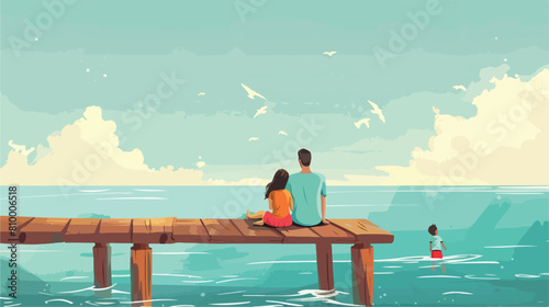 Happy family sitting on wooden footbridge sea view vector