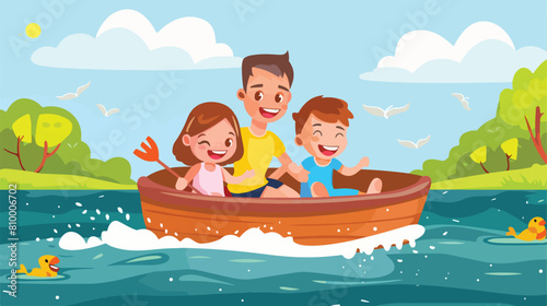 Happy family with two kids enjoying boat ride on river