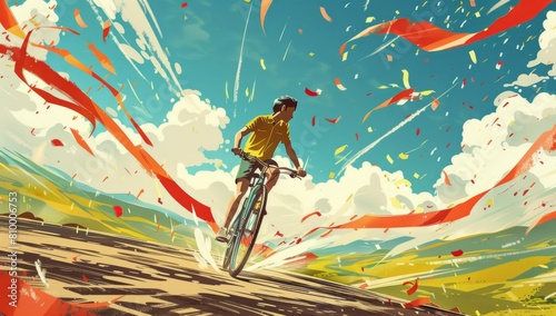A young man riding his mountain bike on the road, in a colorful animated style with cartoonlike characters Generative AI photo