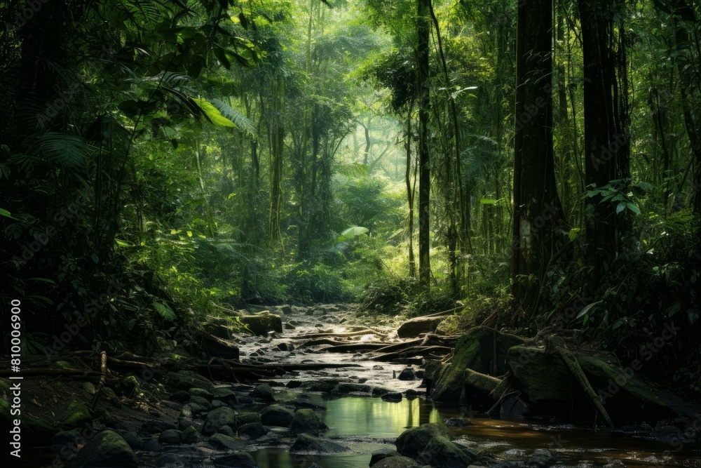 Serene morning light filtering through mist in a dense, lush forest with a gentle stream