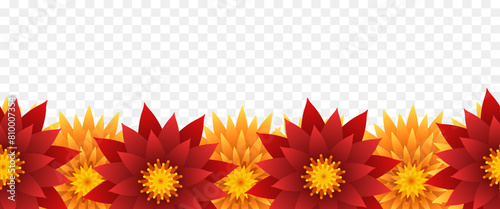 Seamless floral border. Frame of yellow and red flowers. Vector illustration isolated on transparent background.