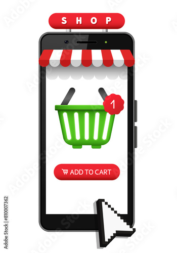 Online store. Smartphone with a striped awning and website interface. Vector 3D illustration isolated on white background.