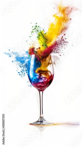 A glass of wine spreading colorful powder, white background. a colorful splash and glass