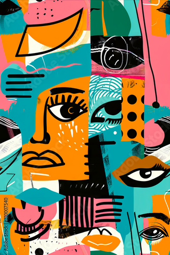 A colorful abstract pattern with faces and eyes.