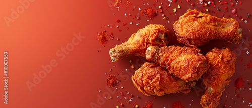 Fototapeta Naklejka Na Ścianę i Meble -  Overhead shot of fried chicken with spices scattering around it, set against a stark, bright red background