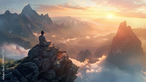Sitting on the top of a high mountain, A pure morning, meditating on the top of a high mountain, looking out at the land below.