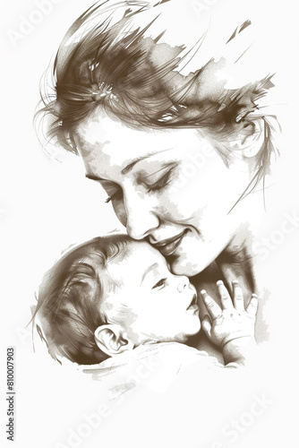 A mother tenderly kissing her newborn baby, with a detailed depiction of the loving interaction between them isolated on a white background photo