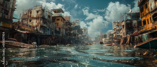 Scene of a cityscape where the sea encroaches on urban areas, creating canals where streets once were photo