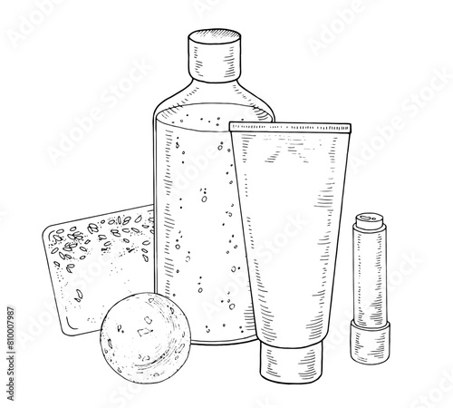 Cosmetic Bottles Vector. Black line art drawing of beauty products. Outline illustration of shampoo and cream. Linear sketch on isolated white background. Hand drawn editable clipart © Ekaterina