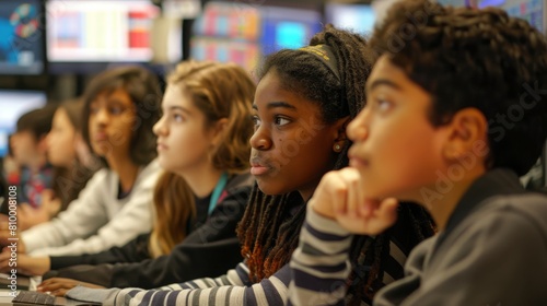 A group of attentive students engaging in a computer science lesson in a modern classroom setting.