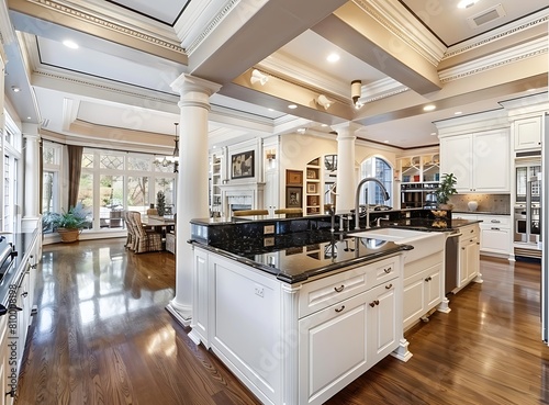 Beautiful kitchen in luxury home with island and columns stock photo