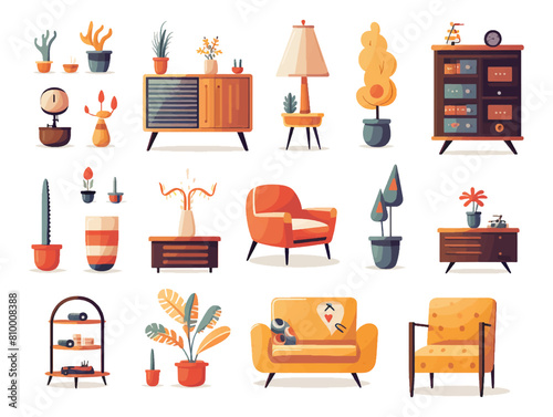 Furniture vector illustration set. Cartoon flat furnishings design with sofa armchair, lamp, table, house plants. Designer trendy items for home apartment or office interior decor isolated on white