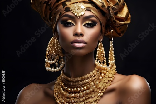 Jewelry fashion banner, woman in luxury creative golden pearls jewels, glamour female african American model with beauty face makeup wearing expensive gold stylish Jewelry on black background. See Les