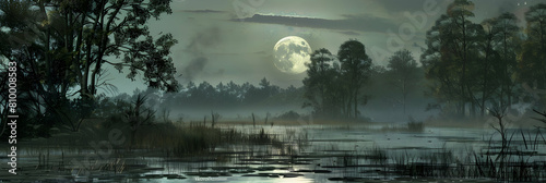 A floodplain under the full moon, with soft moonlight casting shadows and illuminating the watera??s gentle flow photo