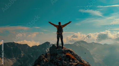 Man standing on mountain peak with arms outstretched, suitable for outdoor and success concepts