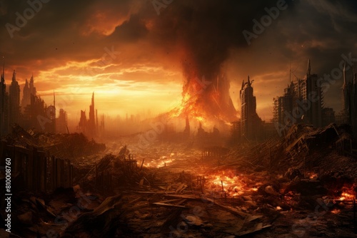 Dramatic image of a city's skyline with a fiery volcano eruption in the distance amidst a devastated landscape