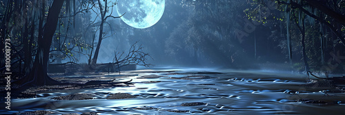 A floodplain under the full moon, with soft moonlight casting shadows and illuminating the watera??s gentle flow photo